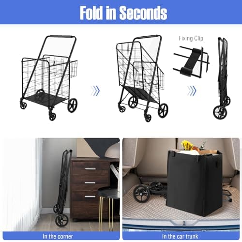 TANGZON Folding Shopping Cart on Wheels, 126L/150KG Capacity Metal Grocery Cart with Extra Basket, Removable Liner & Dense Mesh Base, Jumbo Portable Utility Push/Pull Trolley for Market (Black) — view 4