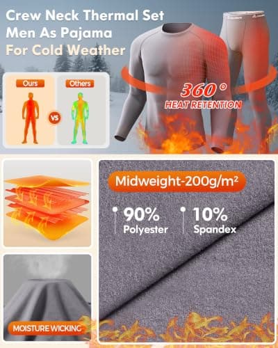 CL convallaria Men's Thermal Underwear Set Ultra Soft Fleece Lined Long Johns Winter Gear Base Layer Top and Bottom Set Sport Style Grey — view 5