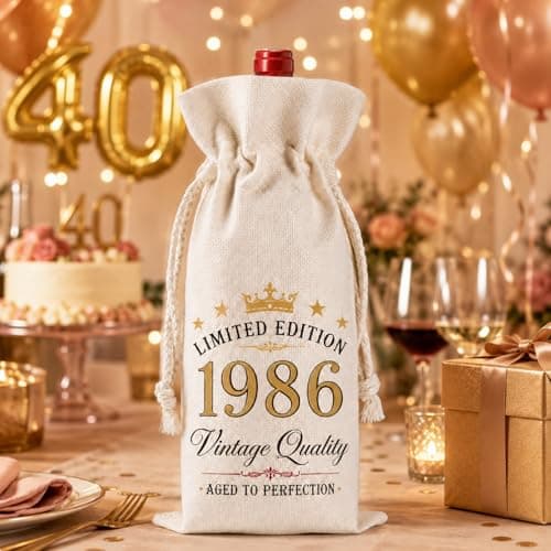 Xenovate 40th Birthday Gifts for Men Women - Wine Bags Gift with Drawstring, Limited Edition 1986 Burlap Bottle Bags Turning 40 Best Friend, Wife, Coworker — view 5