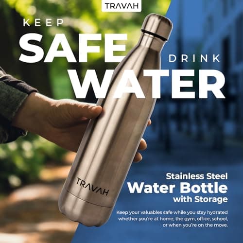 Travah Travel Water Bottle Stainless Steel with Storage for Cash, Keys, Valuables Insulated Bottle for Men and Women Hot and Cold Water Bottle Leak-Proof (Silver) — view 4