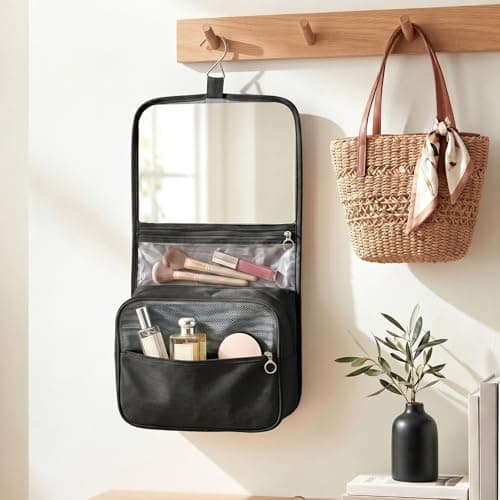 SUNNYNEST Unisex Travel Makeup Bag with Mirror – Foldable Hanging Toiletry Bag, Vanity Case & Makeup Organiser for Business Trips, Camping, Fitness & Weekend Getaways (Black) — view 3