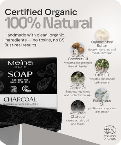 Meina Black Charcoal Soap Bar for Blemish Prone Skin, 100% Natural, Organic Certified, Face and Body, Vegan, Without Palm Oil, Plastic Free, Perfect for Travel and Sport, 100g — view 4