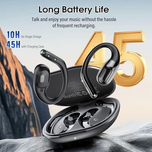 Open Ear Headphones Bluetooth 6.0, 45Hrs Wireless Sports Earbuds with Wide Area Tap, Secure Fit Ear Hook, IPX7 Waterproof Earphones for Gym, Running, Office, Immersive Stereo & ENC Calls, Black — view 3