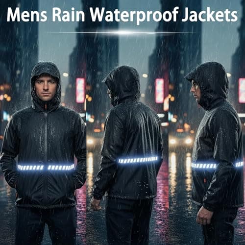 RJVZVEJH Mens Rain Waterproof Jackets with Hood, Lightweight Packable Raincoat with Reflective Strip, Water Proof Rainy Windbreaker Clothes for Outdoor Cycling Golf Hiking Travel — view 3