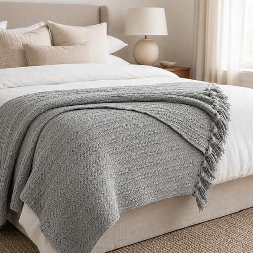 Olivia Rocco Cable Knit Throw Blanket 100% Cotton Soft Warm Knitted Throws for Sofas Couch Bed with Tassel Design 120 x 150 cm, Grey — view 2