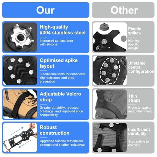 Ice Cleats for Shoes and Boots, Crampons Snow Grips for Men and Women – Non Slip Silicone Traction with 11 Stainless Steel Spikes, Ideal for Winter Walking Hiking Fishing — view 2