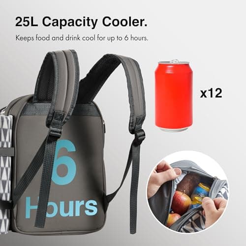 VonShef Picnic Backpack, 2 Person Grey Picnic Bag with Full Dining Set, Insulated Cooler Compartment & Large Waterproof Picnic Blanket, Lightweight Water Resistant Camping Accessories — view 5