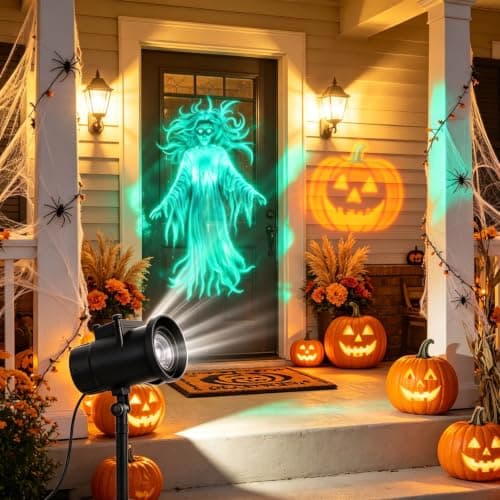 Halloween Projector Window, Panefright with Animated Horror Scenes Plug and Play Hd Star Projection Decorations Outdoor Indoor 3D Lights Mini Smart Movie WiFi Bluetooth Wireless Screen Mirroring