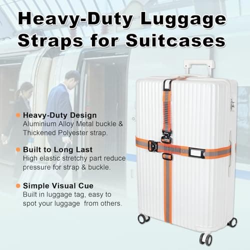 Vigorport Luggage Straps for Suitcases 2 Pack, Heavy Duty Metal Buckle Luggage Belt Strap, TSA Approved Suitcase Belt, Stretchable Travel Strap for Luggage (Orange, 72''L & 79''L) — view 6