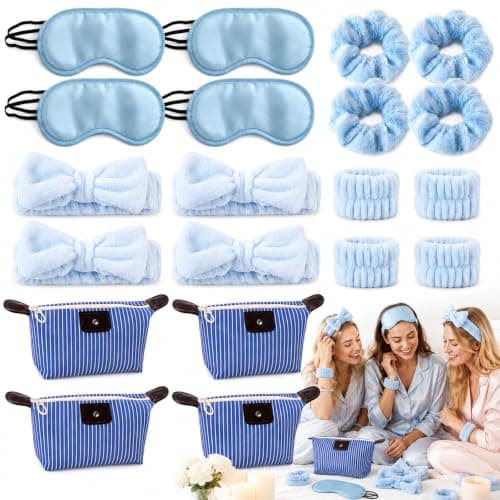 20PCS Sleepover Kit, Slumber Party Supplies for Girls, Complete Sleepover Set for Parties and Group Gatherings, 4 Bags 4 Eye Masks 4 Hair Ties 4 Headbands 4 Wristbands 20-Piece Collection