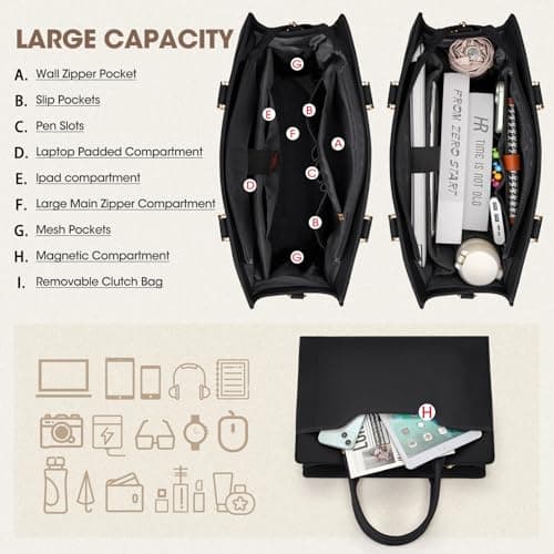 RAINSMORE Laptop Tote Bags for Women 15.6 Inch Designer Ladies Leather laptop handbags Waterproof Briefcase with Clutch Bag for Work School Business Black — view 3