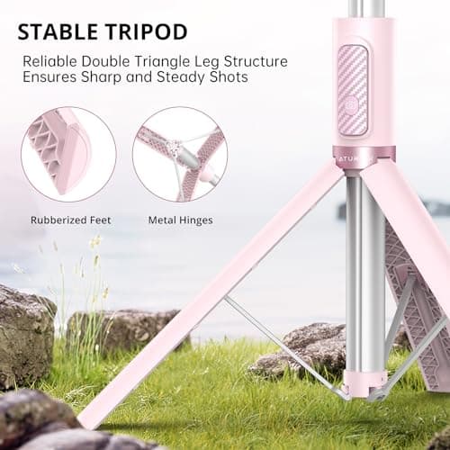 ATUMTEK 1.4m Selfie Stick Tripod, All-in-one Extendable Aluminum Phone Tripod with Rechargeable Bluetooth Remote for iPhone, Samsung, Google, LG, Sony and More, Fitting 4.7-7 inch Smartphones, Pink — view 2