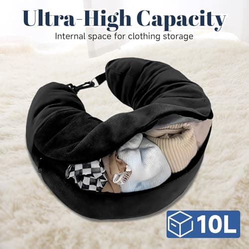 HAVIRI Fillable Travel Pillow, Portable Empty Neck Pillow Stuffable for Travel with Adjustable Straps, Soft Airplane Pillows Stuffable for Essentials Extra Luggage, Travel Essentials (Black) — view 4