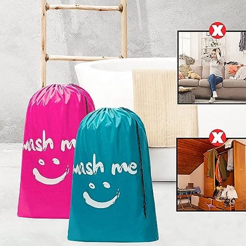 CJWLKJ 2-Pack XL Travel Laundry Bags, Machine Washable Dirty Clothes Organizer, Large Enough to Hold 4 Loads of Laundry, Easy Fit a Laundry Hamper or Basket (Pink+Blue, 24" x 36") — view 6