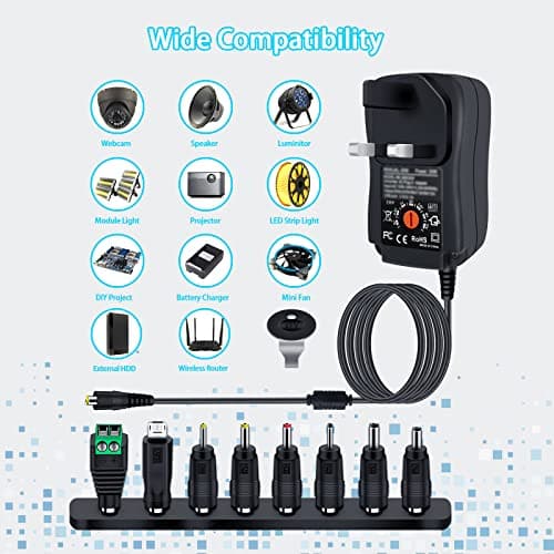 30W Universal Power Adapter, Dalugo 3V 4.5V 5V 6V 7.5V 9V 12V 2A AC/DC Switching Power Supply Charger with 8 Adaptor Tips for 3V-12V Household Electronics,Led Strip,Speakers,TV Box and More Devices — view 6