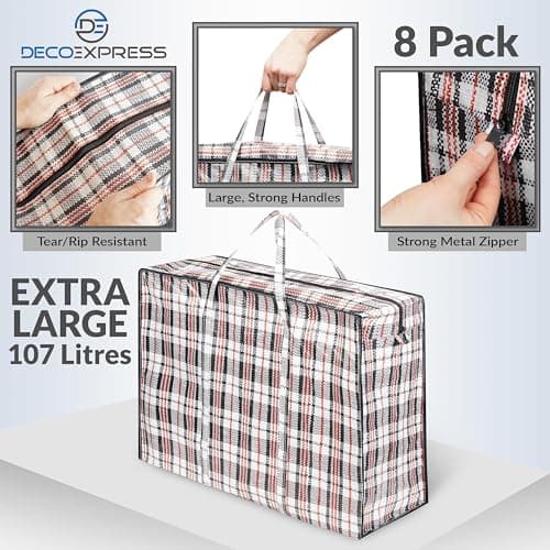 DECO EXPRESS Laundry Bags XXL, Pack of 8, 107L Strong, Durable & Reusable Extra Large Storage Bags with Zips, Ideal for Moving, Shopping, Packing, Laundry & Clothes Storage (76 X 59 X 24 CM) — view 4