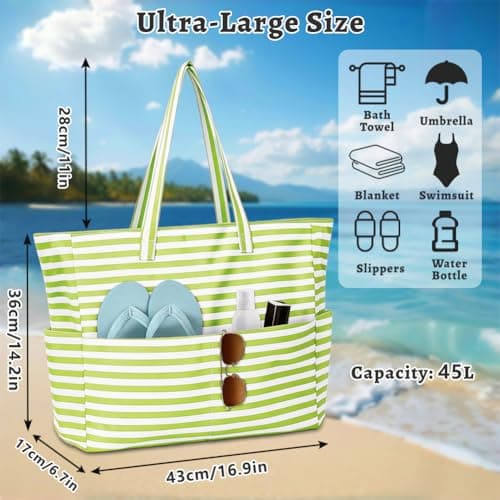 flintronic Extra Large Lightweight Beach Bag, Waterproof Beach Tote Bag with Zip, Foldable Shoulder Bag for Women, Reusable Shopping Bag, for Beach Travel Holiday Swimming Picnic — view 3
