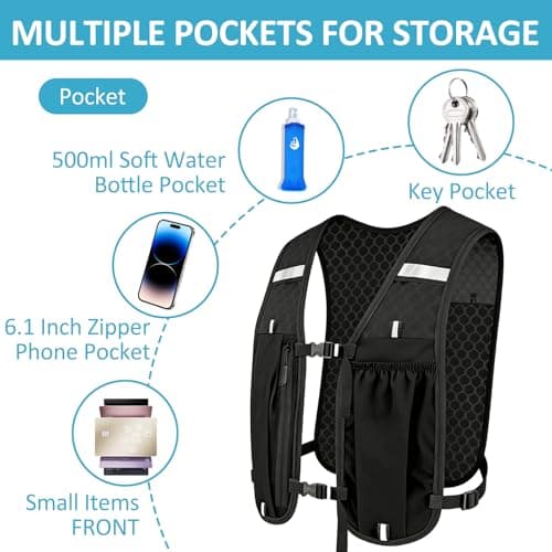 Hydration Running Vest with 500ml Soft Flask, Reflective Lightweight Running Vest for Men Women, Adjustable Breathable Night Running Backpack for Trail, Jogging, Hiking — view 4