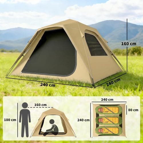 Outsunny Pop Up Tent Instant 3000mm Waterproof UPF50+ for 2-3 People Khaki — view 3