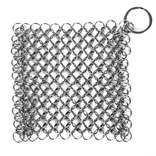 Stainless Steel Scrubber 10cm Cast Iron Cleaner Handmade Ring Chain Scrubber for Pans Non-Scratch Lightweight Metal Pot Cleaner for Camping Travel Use 10x10cm Stainless Steel Scourer for Baking Sheets