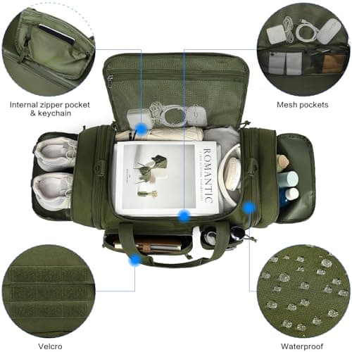 Tonruyn Tactical Duffle Bag Backpack for Men 40-45L Expandable Military Travel Duffel & Sports Holdall Gym Bag with Shoe Compartment Wet Pocket Medium Weekender Overnight for Camping Luggage, Green — view 5