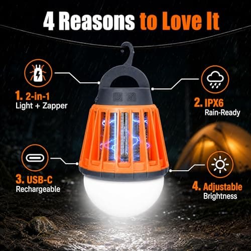 Yeepoo Camping Lantern & Mosquito Killer Lamp 2-in-1, USB Rechargeable Bug Zapper, IPX6 Waterproof LED Tent Light with Retractable Hook for Outdoor Fishing Garden Emergency Orange — view 4