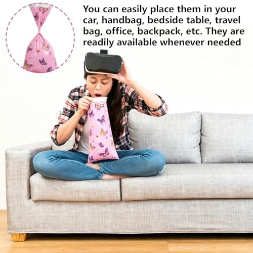 20Pcs Sick Bags with Cartoon Pattern, Disposable Vomit Bags for Travel, Leakproof Sickness Bags Barf Bags for Nausea and Vomiting for Children and Adults, Blue-Green Monsters and Pink Butterflies — view 6