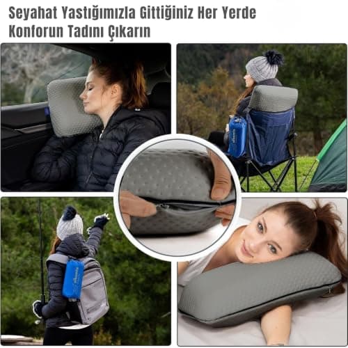 alkamto Travel Pillow - Ergonomic Neck Support Camping Memory Foam Pillow with Temperature-Regulating Pillowcase - Included Waterproof Travel Carry Bag (grey 40x25x10 cm) — view 6