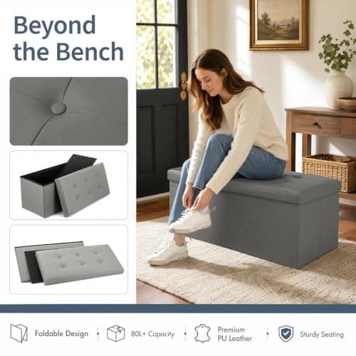 CROWNSHOP Ottoman Storage Bench Footrest Stool Seat Toy Chest Storage Box Folding with Lid Long Shoes Bench Footstool Suitable for Living Room (Dark Grey, Faux leather) — view 5