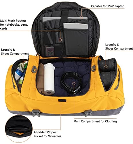 Ubon 55L Travel Duffel Backpack Waterproof 4-Way Holdall Gym Bag Yellow — view 3