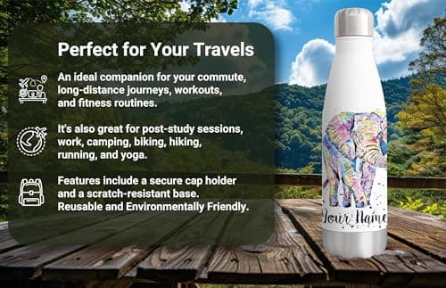Vixar Elephant Personalised Custom Bottle with your Text/name Watercolour Safari Animals Bottle Double Wall Insulated Stainless Steel Sport Drinks 500ml — view 3