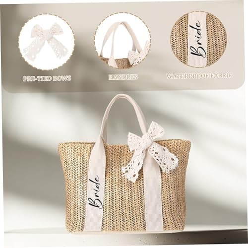 Ameble Lightweight Waterproof Boho Woven Bride Beach Bag with Lace Bow, White Crochet Tote Purse for Vacation, Honeymoon, Summer Travel, Bridal Shower Accessory — view 5