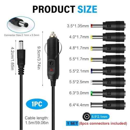 12V DC Car Plug Adapter, Cigarette Lighter Cable with 8Connectors 5.5x2.1mm — view 2