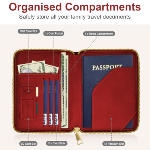AOOSU Travel Wallet, Family Passport Holder, RFID Blocking Travel Accessories Document Organiser, Travels Document Holder for Tickets Waterproof Cover Holiday Essentials Case for Man & Woman Red — view 5