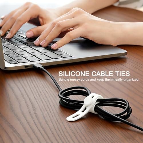 YOYUSH Silicone Cable Ties, 10 Pcs Adjustable Zip Ties with Lock Buckle, Reusable Cable Straps for Home Office Travel, Elastic Cord Organizer for Power Cords, USB Cables, Charging Cables(White) — view 6