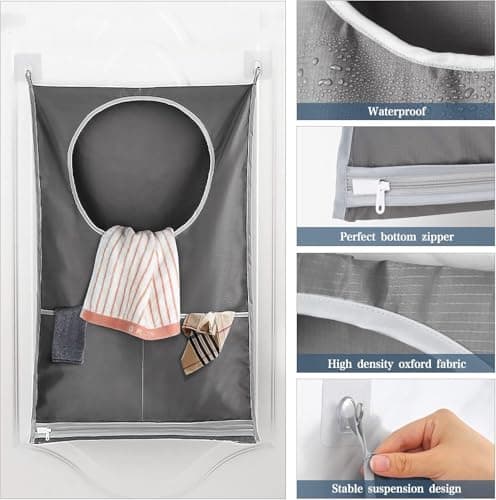 Hanging Laundry Hamper,Tear-resistance Door Hamper with Stainless Steel Hooks and Adhesive Hooks,Space Saving Hanging Laundry Hamper Bag and Bathroom Over The Door Hamper(77 x 50 cm) — view 4