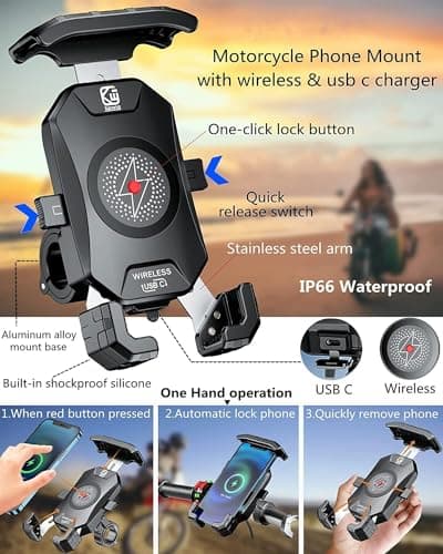 KEWIG Motorcycle Phone Holder - Wireless 15W & USB C 20W Fast Charger, Waterproof Motorbike Phone Mount with Aluminum Alloy Base, Fits 4'' - 7'' Cellphones — view 3
