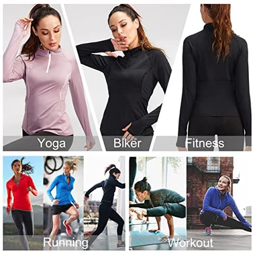 Minghe Womens Pullover 1/4 Zip Running Jacket Thermal Tops Long Black — view 6