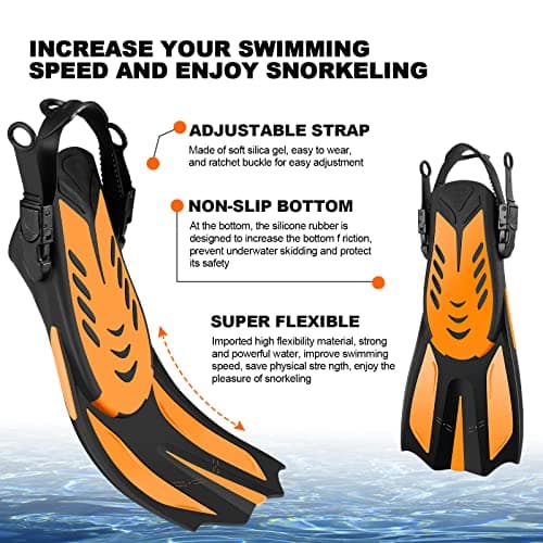 Snorkel Set for Adults, Anti-Fog Diving Mask with Dry Top Snorkel & Swim Fins, Wide View Scuba Flippers Snorkeling Gear for Men Women Youth Orange M — view 6