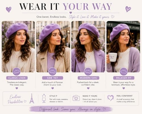 ITRAT Women's Beret Hat – Classic French Style Beret for Women, Soft Warm Wool Blend Ladies Fashion Hat, Elegant Parisian Winter Autumn Cap for Casual, Travel & Everyday Wear (Purple) — view 4