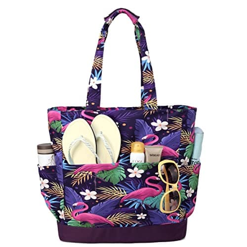VASCHY Beach Bag, Water Resistant Large Women's Lightweight Foldable Summer Shoulder Bag with Zip and Multi-Pockets for Holidays, Travel, Beach, Pool, Shopping, Gym, 17.3 L, A-Flamingo purple, Taille