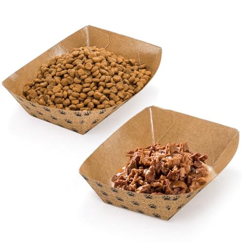 SOUJOY 100 Pack Disposable Pets Feeding Bowls, 2 lb Paper Travel Cat Food Bowl, Boat Foot Print Design Food Serving Trays for Wet and Dry Food, Small Dog Puppy, Cat — view 5