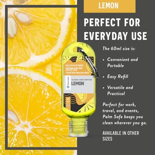 Palm Safe Lemon 3 Pack 60ml Anti Bacterial Premium Hand Sanitiser Travel Size Refillable Clip Bottle Quick Drying Non Sticky Extra Moisturising Kills 99.9% of Viruses and Bacteria — view 4