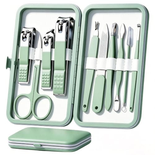 HANTEKAS Manicure Set 10 in 1 Stainless Steel, Nail Clippers Scissors Pedicure Tools Kit - Portable Travel Grooming Kit for Men and Women with Leather Case (Jade Green)