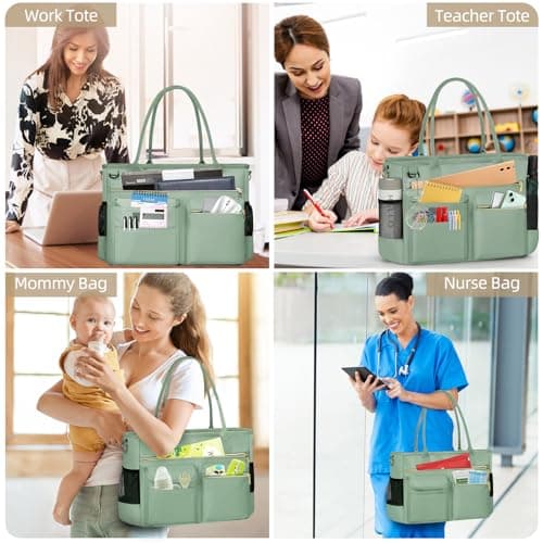 RAINSMORE Laptop Tote Bags for Women 15.6 inch Teacher Bag Large Nurse Utility Bag Computer Messenger Briefcase with Insulated Pocket for Work School Office Business University Mint Green — view 2