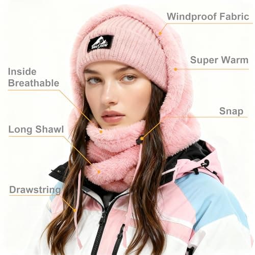 DRESHOW Winter Thermal Fleece Balaclava for Women and Men Windproof Ski Mask Face Cover Neck Warmer Hooded Scarf Cold Weather Beanie Hat with Adjustable Drawstring — view 3