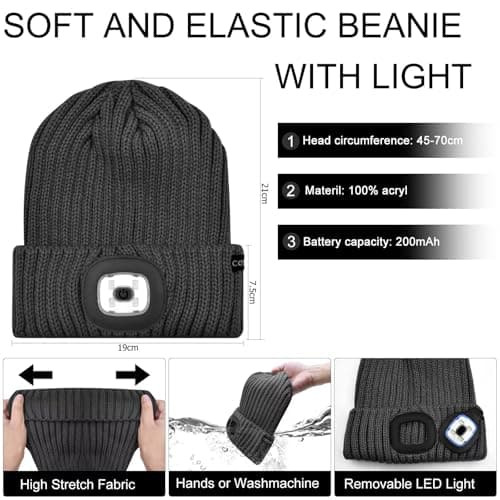 COTOP LED Beanie with Light,USB Rechargeable Hat Hands Free 4 LED Headlamp Cap Winter Knitted Night Lighted Hat Flashlight Women Men Gifts for Dad Him Husband Black — view 3