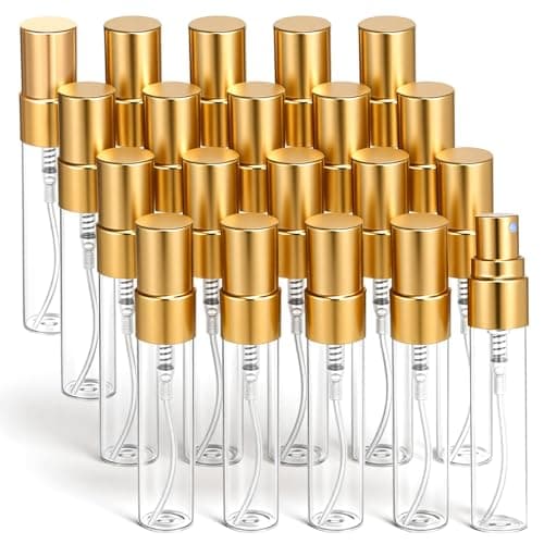 Azefnuhk 20 Pack 5ml Atomizer Glass Spray Bottles, Mini Perfume Spray Bottle, Fine Mist Atomizer Glass Bottle, Travel Size Mini Spray Bottles for Fragrance, Essential Oils, DIY Samples (Gold)