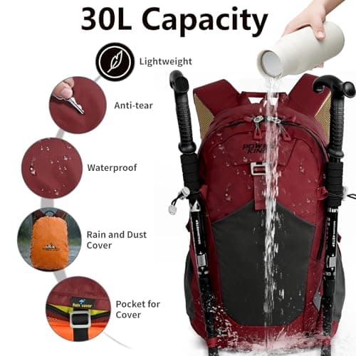 Lightweight Hiking Backpack, 30L Women/Men Waterproof Travel Rucksack Bag with Rain Cover, Outdoor Small Foldable Daypack for Student, Fit for 15.6 inch Laptop (Wine Red, 30L) — view 3