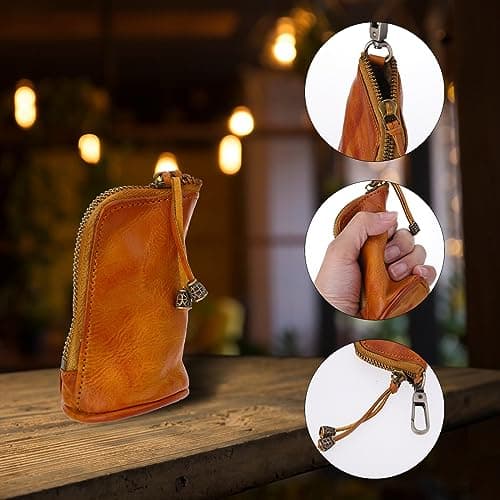 TIESOME Vintage Genuine Leather Zipper Coin Purse, Medieval Cowhide Change — view 6